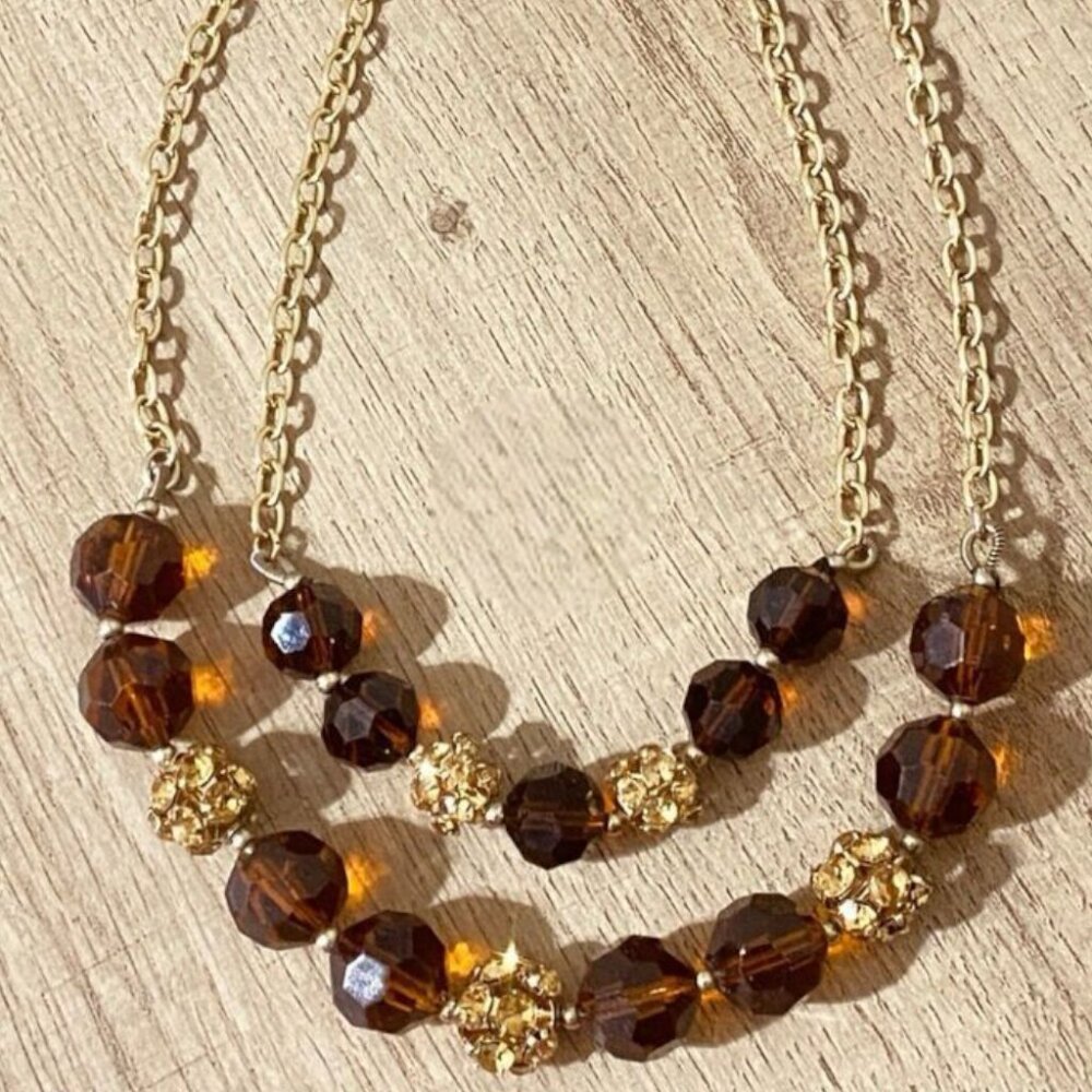 Layered Crystal Necklace Brown Gold Tone Rhinestone Disco Balls Faceted Beads